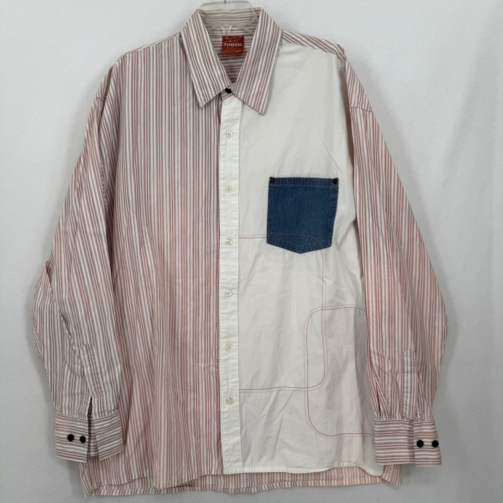 TORCH JEANS Men's Shirt 2XL Color Block Striped Denim Pocket Long Sleeve Y2K‎